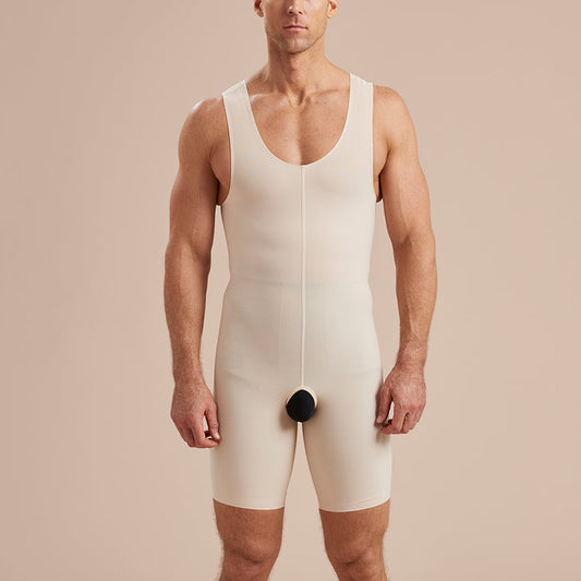 Marena Recovery style MHB2 men sleeveless zipperless bodysuit, front pose view in beige