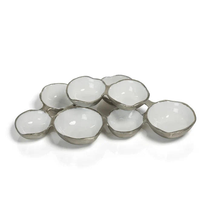SMALL CLUSTER OF 8 SERVING BOWLS - NICKEL W/ WHITE