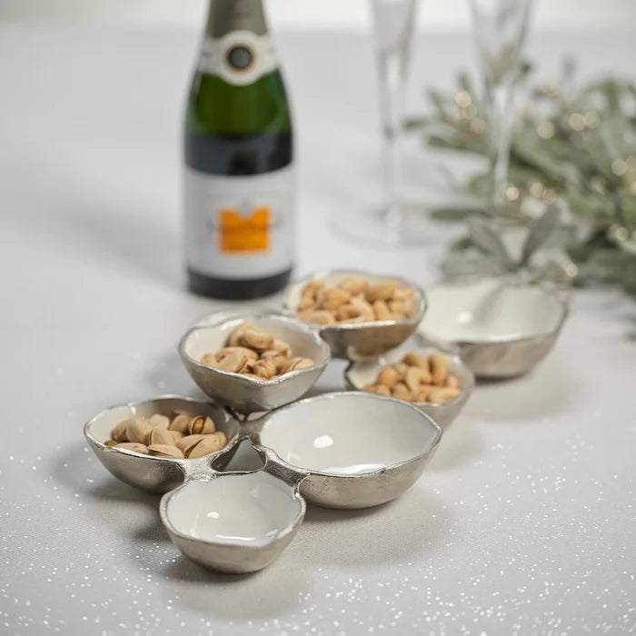 SMALL CLUSTER OF 8 SERVING BOWLS - NICKEL W/ WHITE