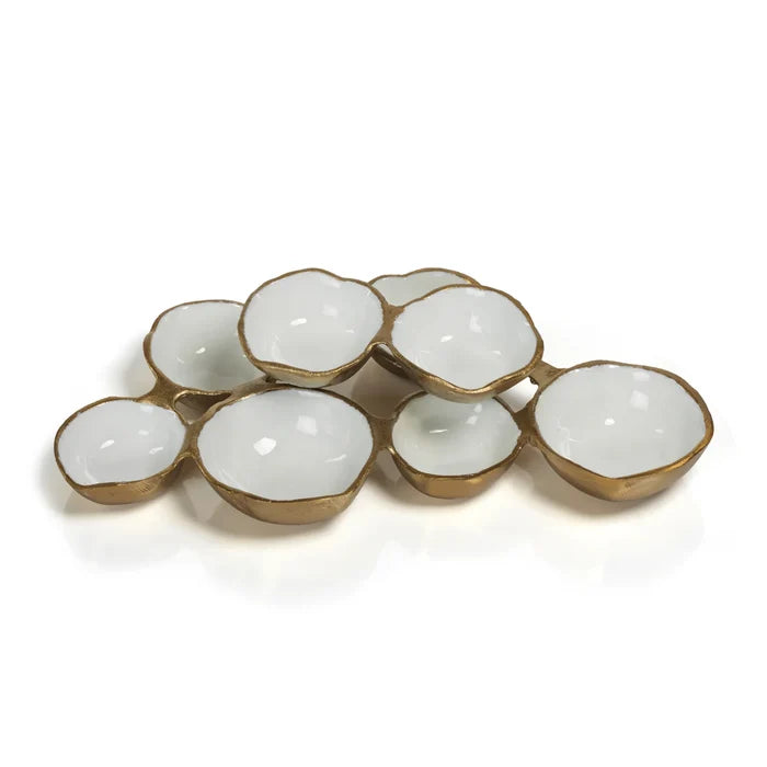 SMALL CLUSTER OF 8 SERVING BOWLS- GOLD W/ WHITE