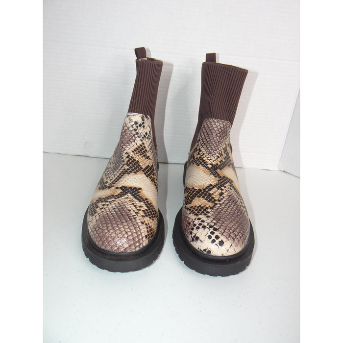 Snakeskin Print Chelsea Sock Boots Brown Tan Lug Sole Ankle Booties Mens 32554