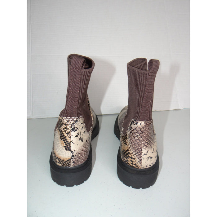 Snakeskin Print Chelsea Sock Boots Brown Tan Lug Sole Ankle Booties Mens 32556