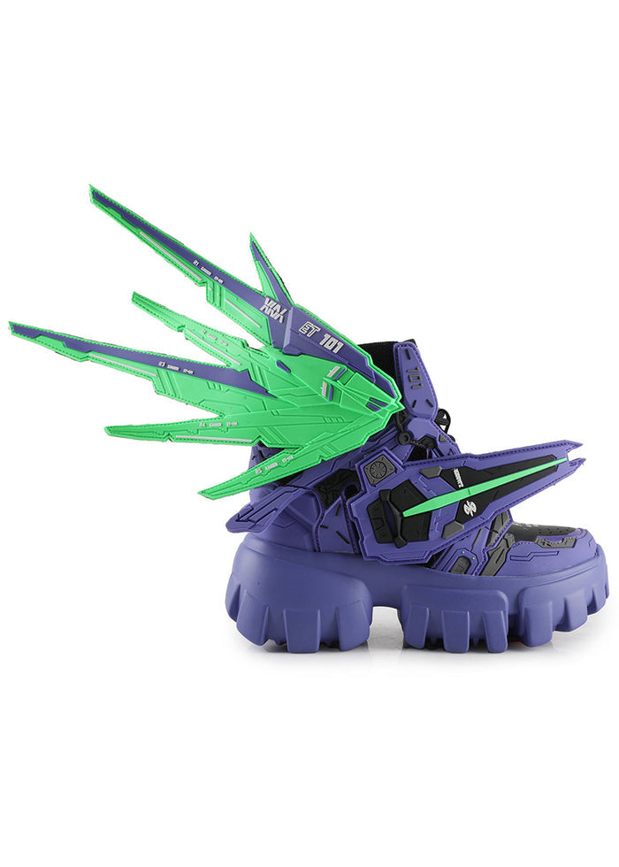 Side studio view of Anthony Wang SOURSOP 04 S4 Goblin Purple platform sneakers featuring deep purple panels and dramatic neon green structural mech armor wings on a chunky matching tread sole