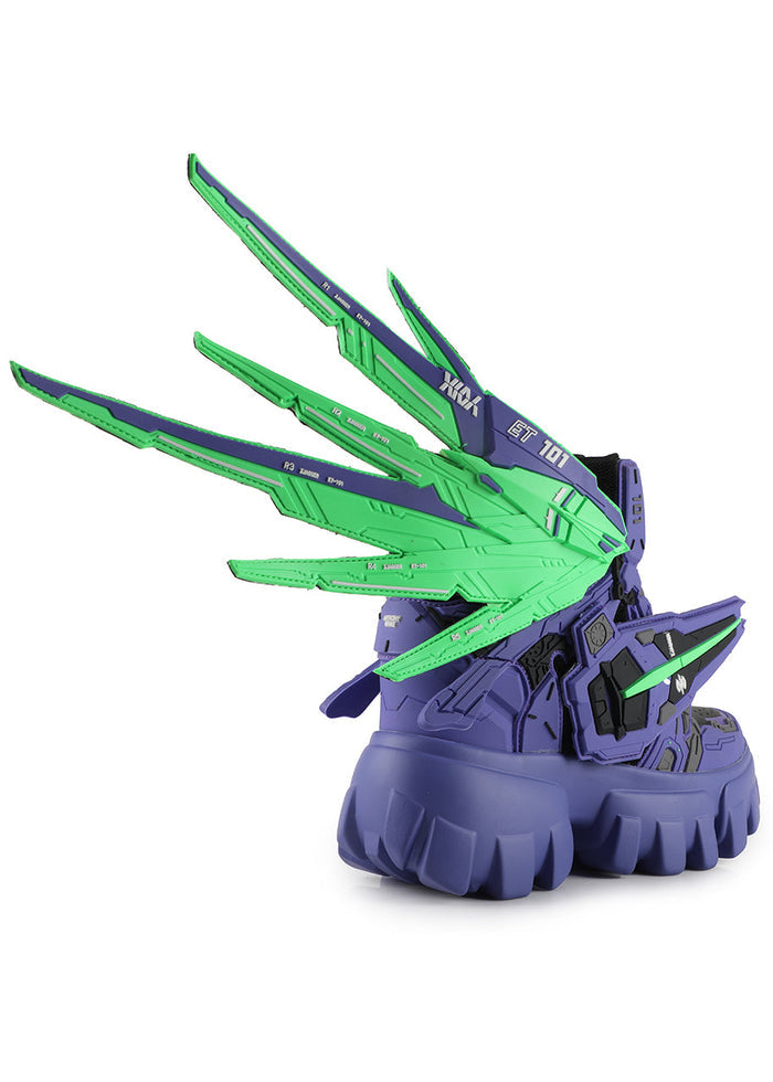 Three-quarter studio view of Anthony Wang SOURSOP 04 S4 Goblin Purple platform sneakers detailing the layered purple and neon green panels and secure lace-up closure