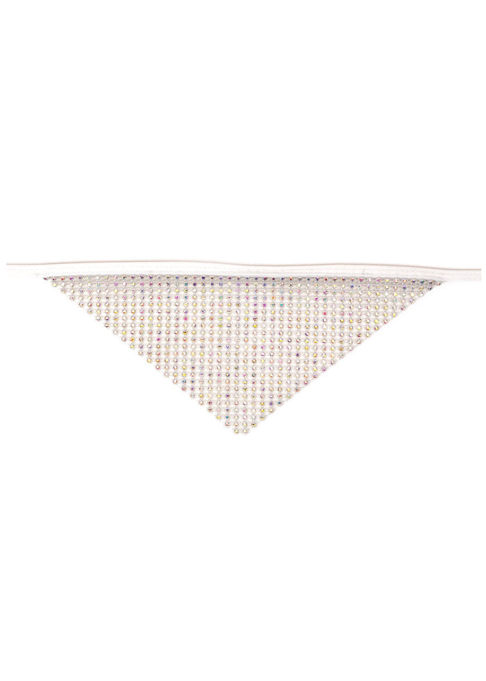 BGlittz Sparkle Frost AB Stone Crystal Face Mask in white with triangular AB crystal stone fabric and chained backing on handmade rave crystal mask — front view