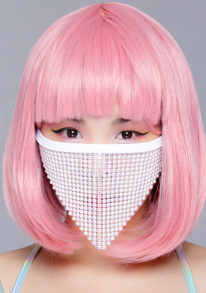 BGlittz Sparkle Frost AB Stone Crystal Face Mask in white with triangular AB crystal stone fabric and chained backing on handmade rave crystal mask — model view