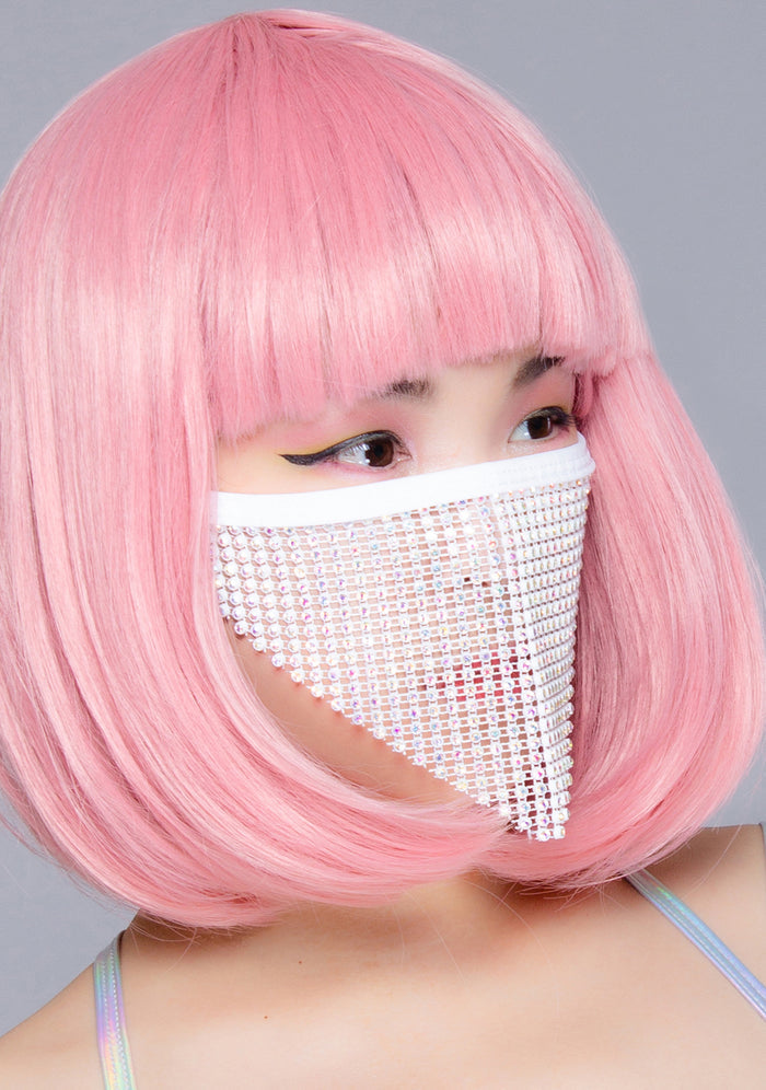 BGlittz Sparkle Frost AB Stone Crystal Face Mask in white with triangular AB crystal stone fabric and chained backing on handmade rave crystal mask — model side view