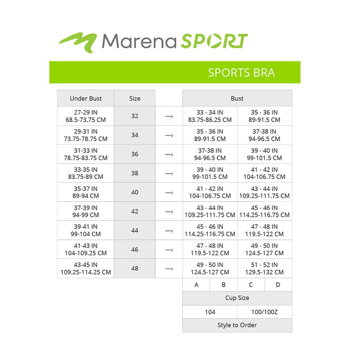 Marena Sport Women's Sports Bra size chart