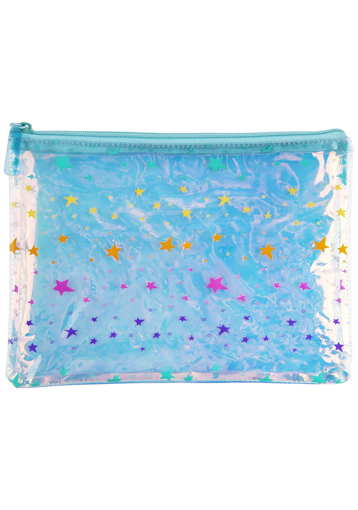SunnyLife Stardust See Thru Pouch in iridescent blue multi with mermaid scale print on PVC festival clutch — front view