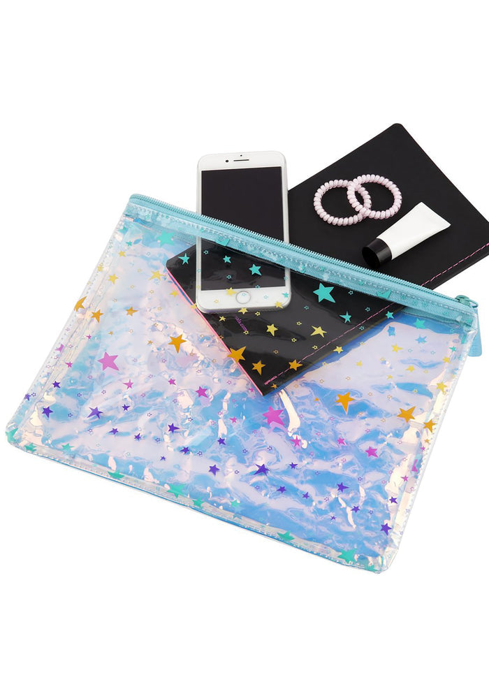SunnyLife Stardust See Thru Pouch in iridescent blue multi — detail view