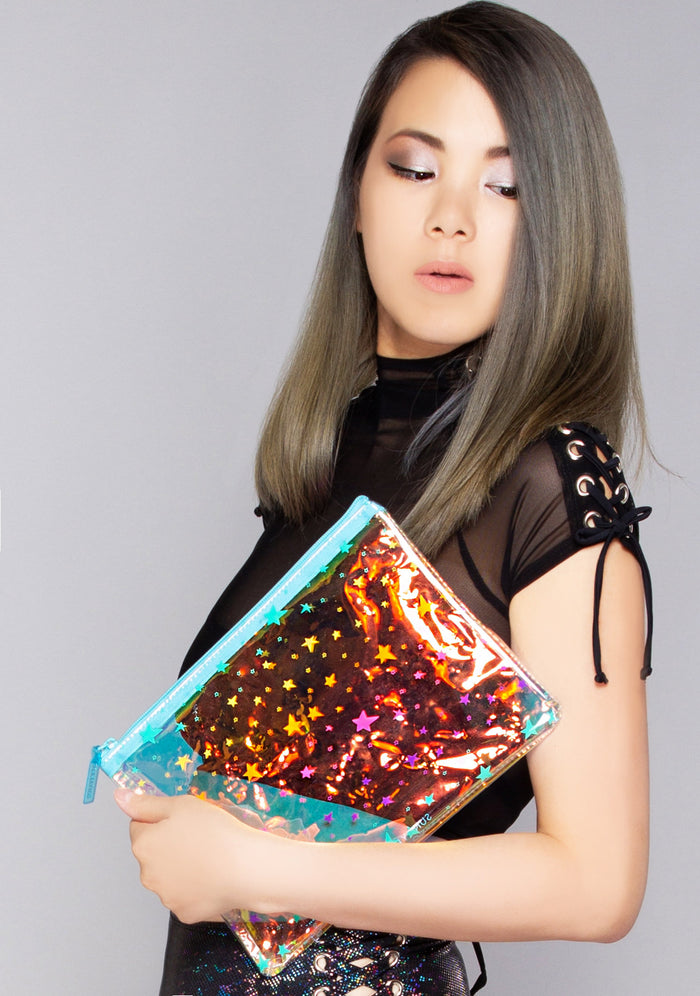SunnyLife Stardust See Thru Pouch in iridescent blue multi — model view