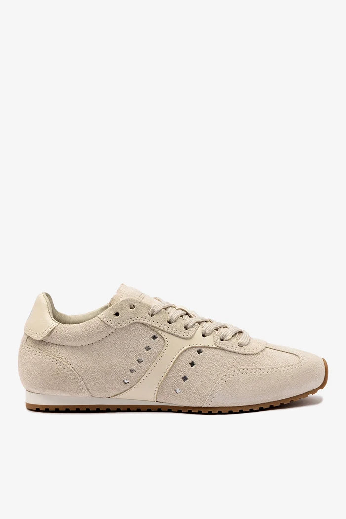 Stella Sneaker In Mushroom Grey Suede and Ivory Leather Sneaker Larroudé