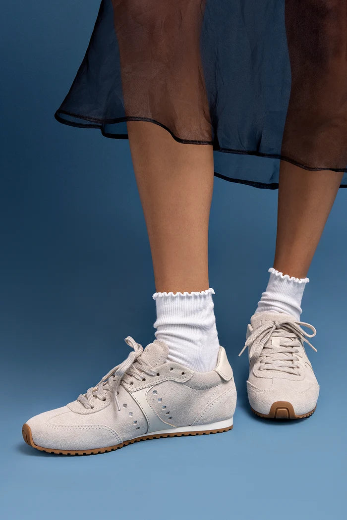 Stella Sneaker In Mushroom Grey Suede and Ivory Leather Sneaker Larroudé