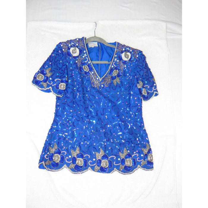 Stenay Vintage Royal Blue Silk Sequin Beaded 2 Piece Skirt Set Size 10 39787