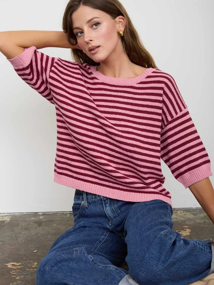 Stripe Contrast Trim Short Sleeve Knit Sweater