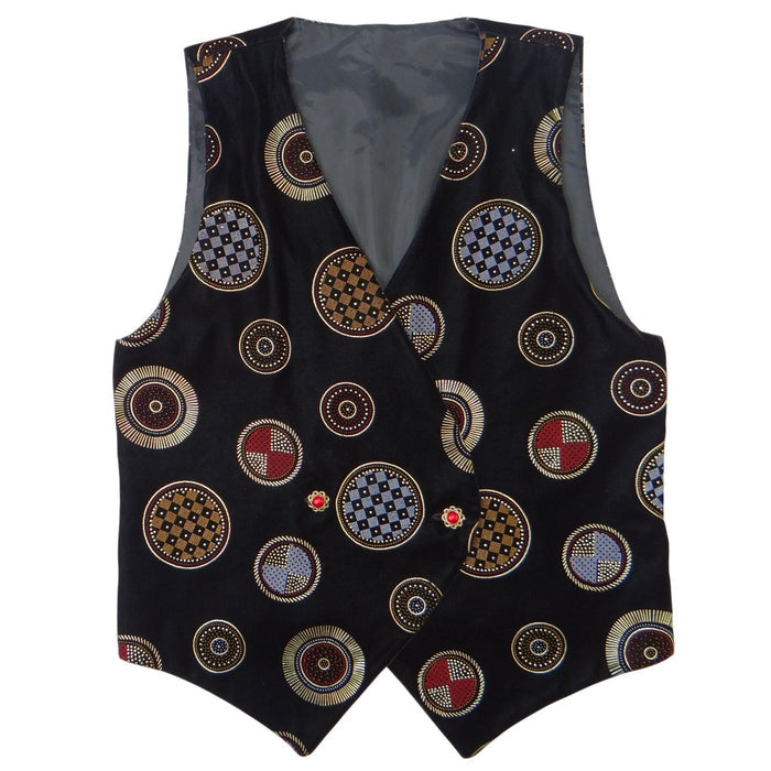 Stunning Vintage Black Velvet Geometric Print Vest with Red Gem Buttons0