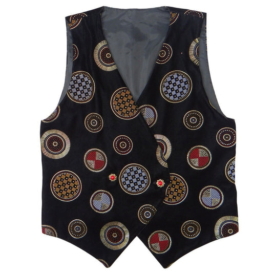 Stunning Vintage Black Velvet Geometric Print Vest with Red Gem Buttons0