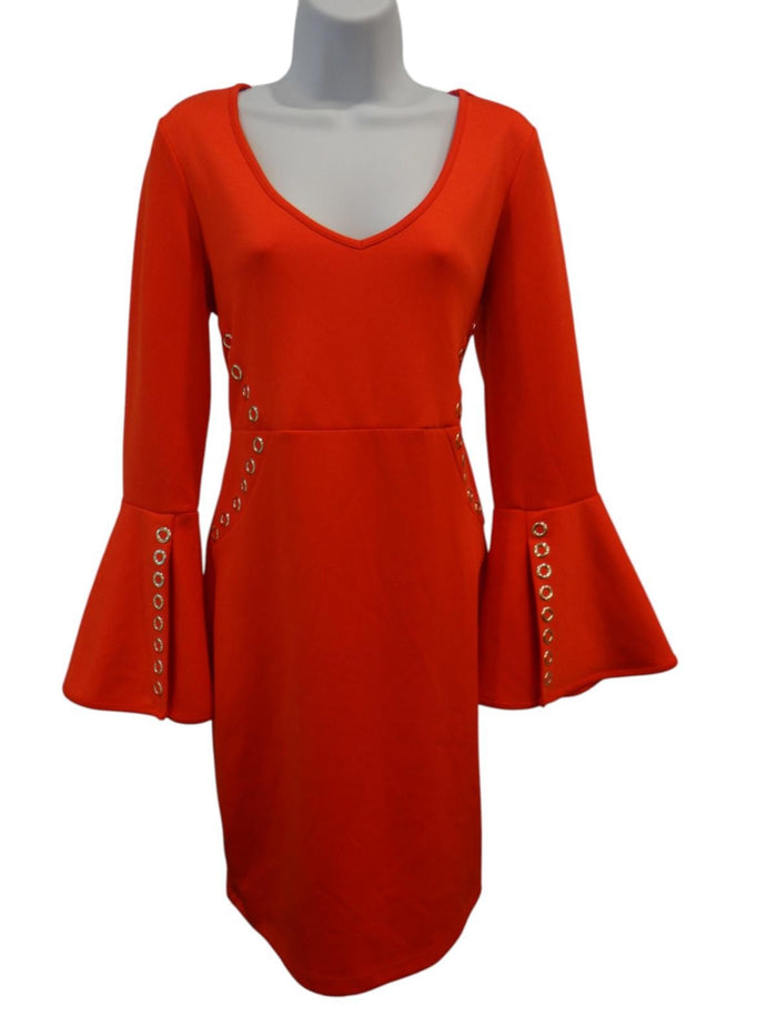Stylish Bell Sleeve V Neck Dress   Vibrant Orange0