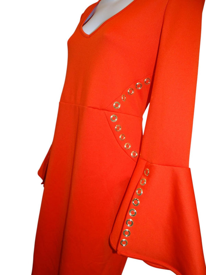 Stylish Bell Sleeve V Neck Dress   Vibrant Orange1