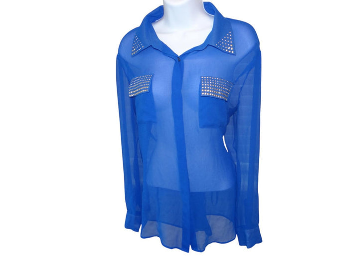 Stylish Sheer Blue Button Up Shirt with Studded Pockets0