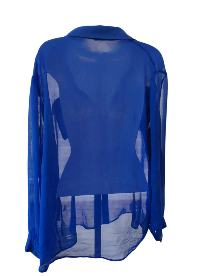 Stylish Sheer Blue Button Up Shirt with Studded Pockets1