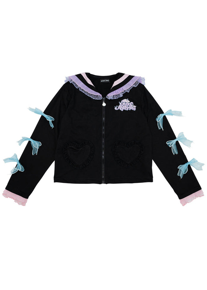 ACDC Rag Sugar Aquarium Sailor Black Purple Zip Up Jacket in black with purple sailor collar on rave festival jacket — front flat lay