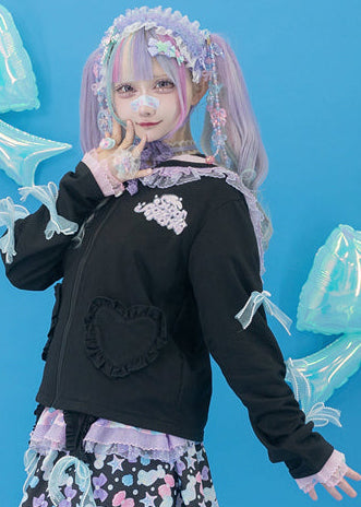 ACDC Rag Sugar Aquarium Sailor Black Purple Zip Up Jacket in black with sheer pearl-trimmed bow ties on rave festival jacket — worn front view