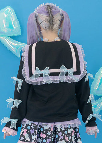 ACDC Rag Sugar Aquarium Sailor Black Purple Zip Up Jacket in black with purple sailor collar on rave festival jacket — worn back view