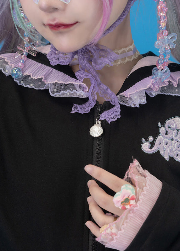 ACDC Rag Sugar Aquarium Sailor Black Purple Zip Up Jacket in black with seashell charm zipper pull on rave festival jacket — zipper charm detail