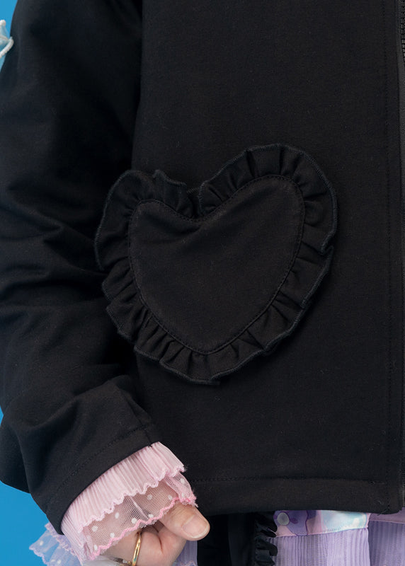 ACDC Rag Sugar Aquarium Sailor Black Purple Zip Up Jacket in black with heart-shaped ruffle pocket on rave festival jacket — pocket detail