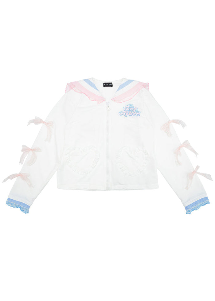 ACDC Rag Sugar Aquarium Sailor White Blue Zip Up Jacket in white with pink and blue sailor collar on rave festival jacket — front flat lay