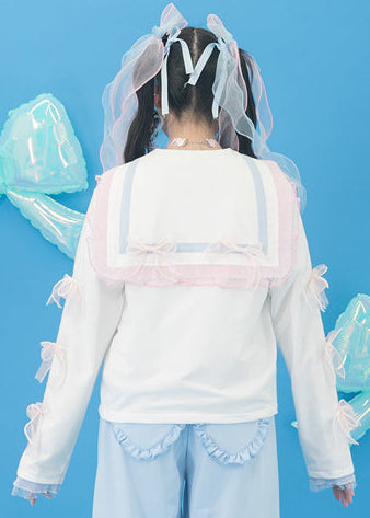 ACDC Rag Sugar Aquarium Sailor White Blue Zip Up Jacket in white with pink and blue sailor collar on rave festival jacket — worn back view