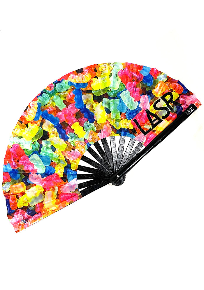 LASR Sugar High Gummy Bear UV Reactive Rave Fan — detail view
