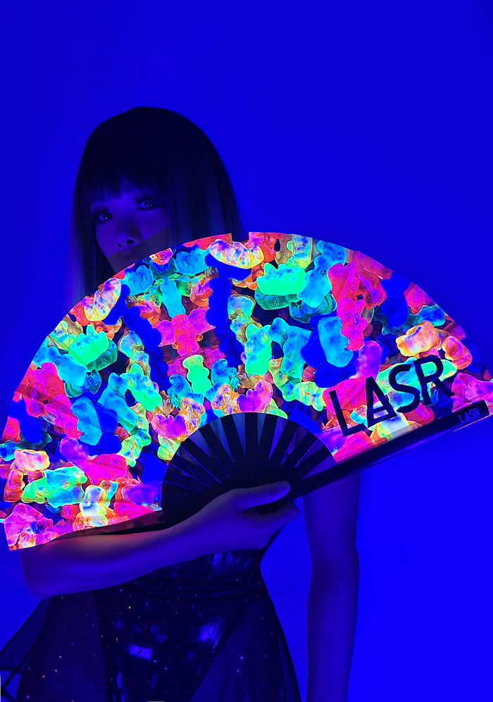 LASR Sugar High Gummy Bear UV Reactive Rave Fan — front view
