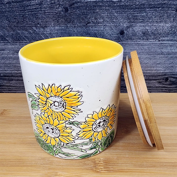 Sunflowers Canister & Lid Embossed 5" Ceramic White Jar Floral Pot Blue Sky