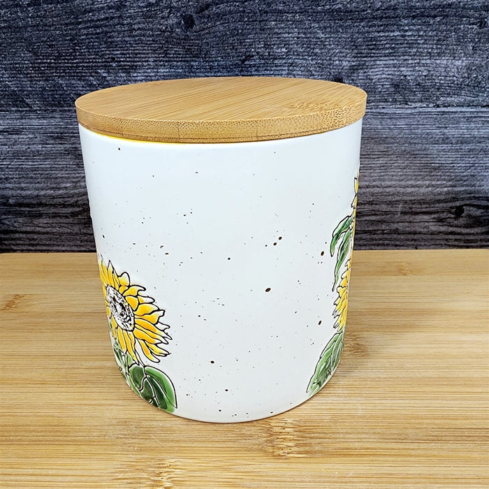 Sunflowers Canister & Lid Embossed 5" Ceramic White Jar Floral Pot Blue Sky