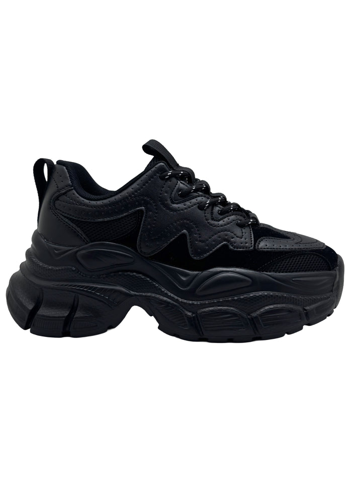 Berness SUNNY Blackout Pulse Black Rave Platform Sneakers in black vegan leather with chunky platform outsole and lace-up closure — front view