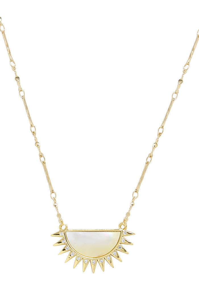 Ettika Sunset Reflection Mother Of Pearl Pendant Necklace in gold with crystal embellishments on 18k gold plated festival necklace — front view