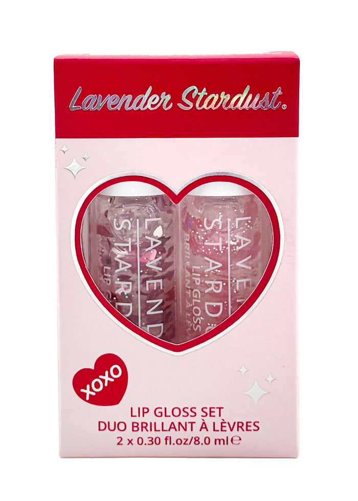 Lavender Stardust Sweetheart Glitter Lip Gloss 2PC Box Set in pink with heart glitter roll-on glosses on rave beauty set — front view