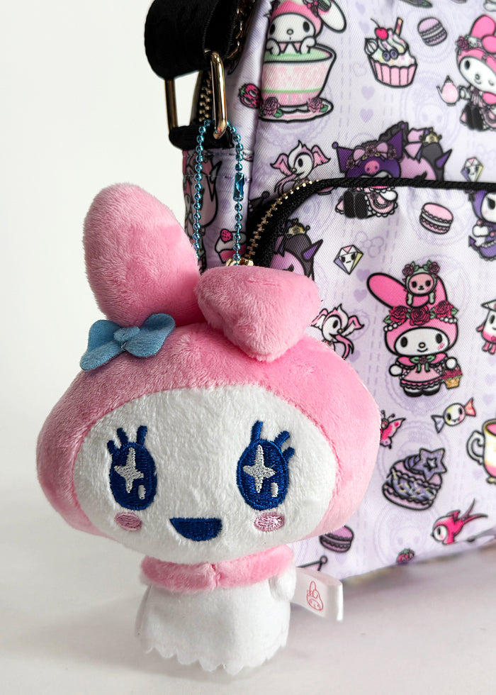Bandai Tamagotchi x Sanrio Lovlicki My Melody Cosplay Plush Mascot Keychain in pink with chibi Lovlicki in My Melody cosplay design — detail view