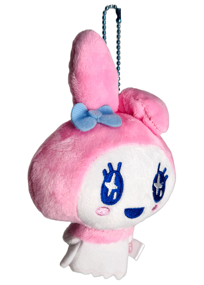 Bandai Tamagotchi x Sanrio Lovlicki My Melody Cosplay Plush Mascot Keychain in pink with chibi Lovlicki in My Melody cosplay design — side view