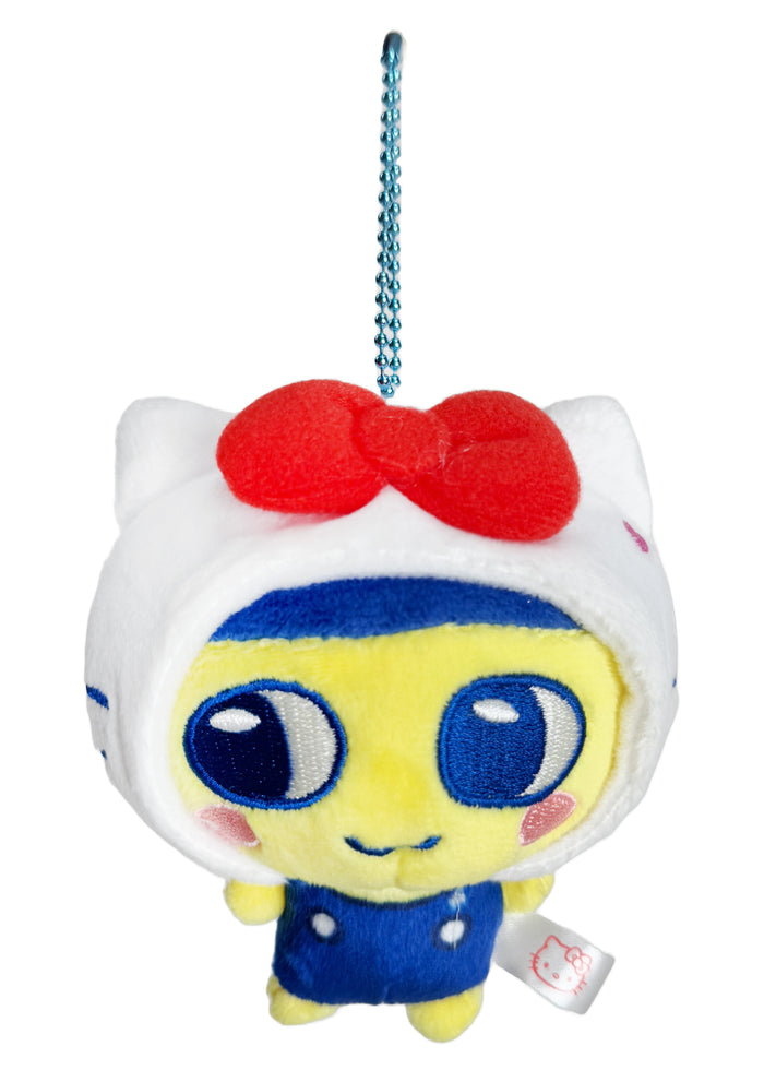 Bandai Tamagotchi x Sanrio Mamekichi Hello Kitty Cosplay Plush Mascot Keychain in multicolor with chibi Mamekichi in Hello Kitty cosplay design — front view