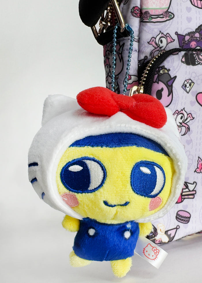 Bandai Tamagotchi x Sanrio Mamekichi Hello Kitty Cosplay Plush Mascot Keychain in multicolor with chibi Mamekichi in Hello Kitty cosplay design — detail view