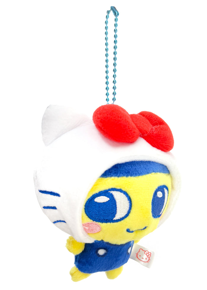 Bandai Tamagotchi x Sanrio Mamekichi Hello Kitty Cosplay Plush Mascot Keychain in multicolor with chibi Mamekichi in Hello Kitty cosplay design — side view