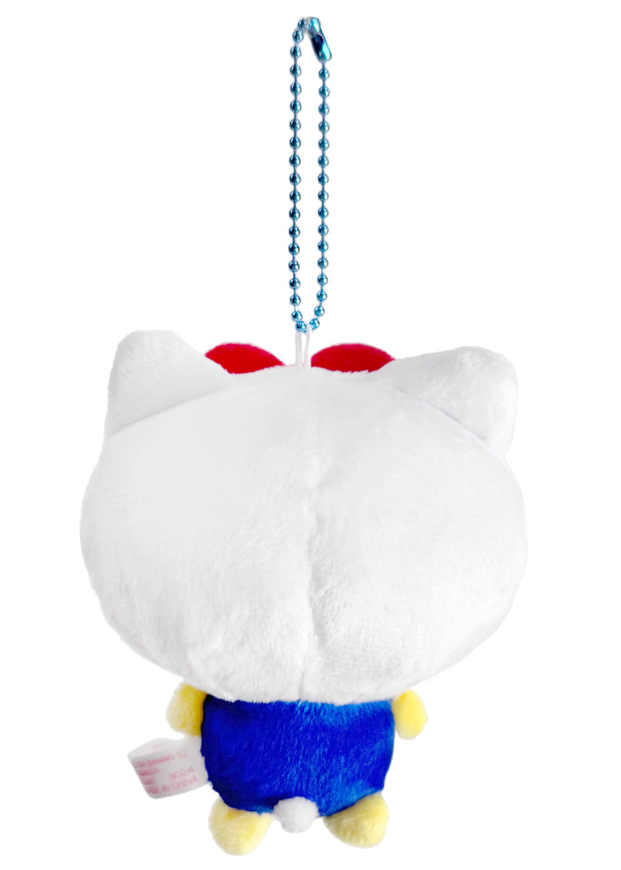 Bandai Tamagotchi x Sanrio Mamekichi Hello Kitty Cosplay Plush Mascot Keychain in multicolor with chibi Mamekichi in Hello Kitty cosplay design — back view