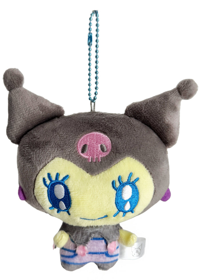 Bandai Tamagotchi x Sanrio Melodycchi Kuromi Cosplay Plush Mascot Keychain in black with chibi Melodycchi in Kuromi cosplay design — front view