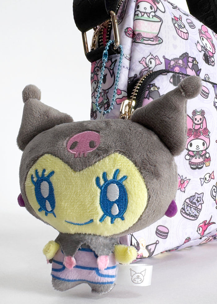 Bandai Tamagotchi x Sanrio Melodycchi Kuromi Cosplay Plush Mascot Keychain in black with chibi Melodycchi in Kuromi cosplay design — detail view