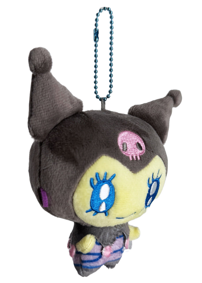 Bandai Tamagotchi x Sanrio Melodycchi Kuromi Cosplay Plush Mascot Keychain in black with chibi Melodycchi in Kuromi cosplay design — side view