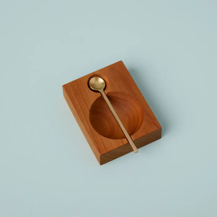 TEAK CELLAR WITH GOLD SPOON