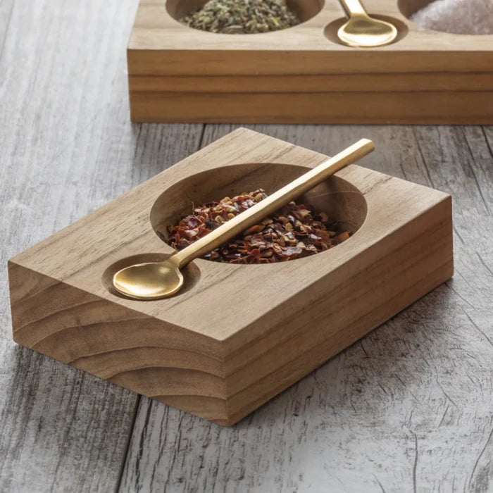 TEAK CELLAR WITH GOLD SPOON